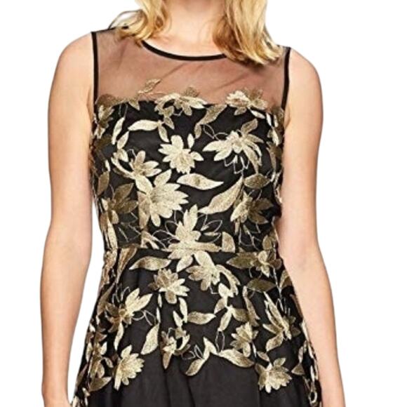 Tahari Embroidered Metallic Floral Illusion Gold Black Cocktail Dress Size 6 - Picture 5 of 16